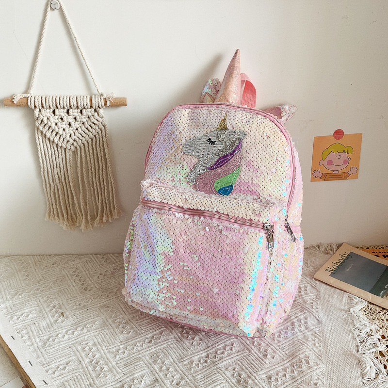 Women'S Fashion Backpack - Sequin Unicorn Rugzak Roze Glanzend Lichtgewicht