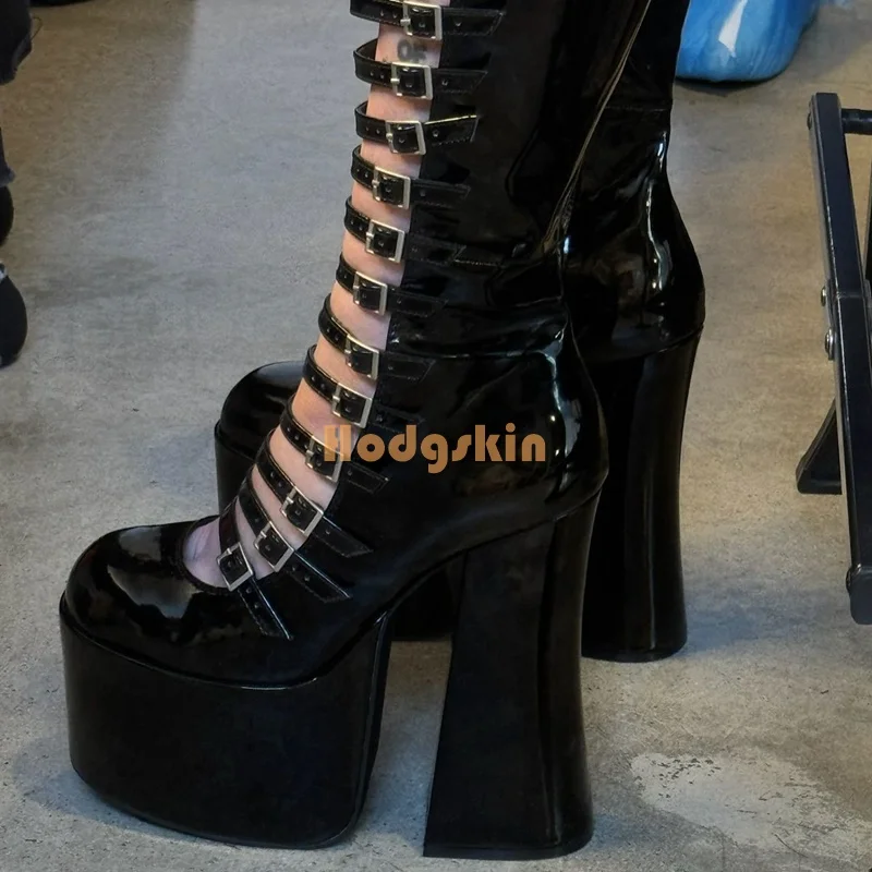 Women'S Fashion Winter 2026 - Gotische zwarte platformlaarzen met gesp Lakleer