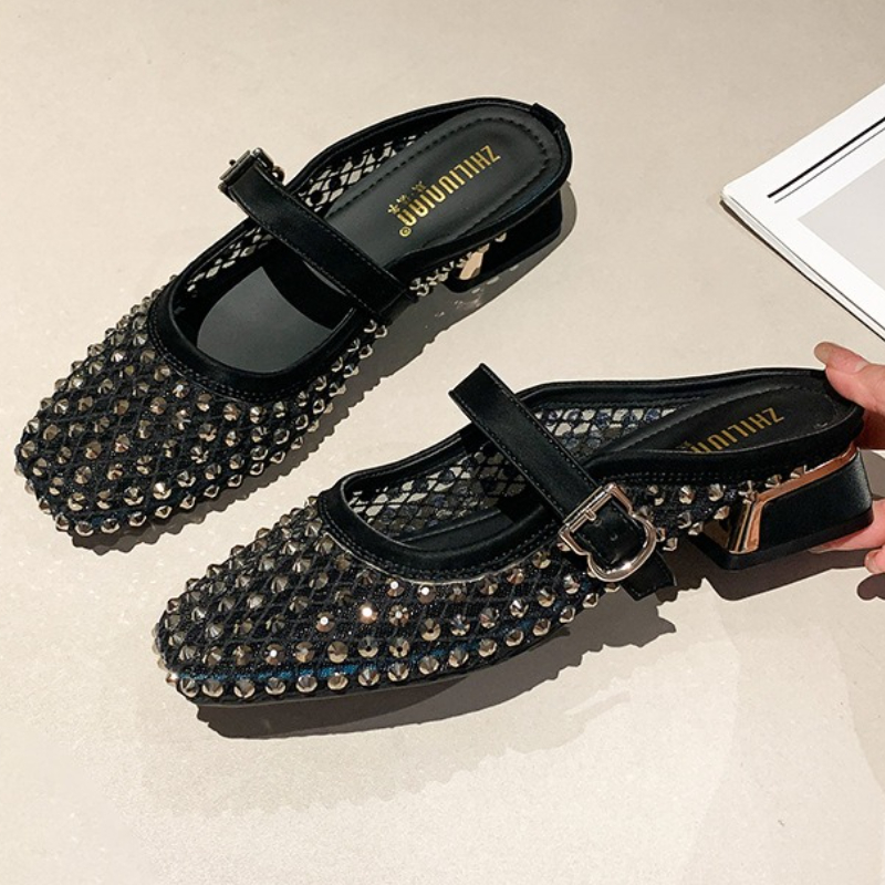 Women'S Fashion Sandals - Mesh Strass Dikke Hak Muilezels Slippers